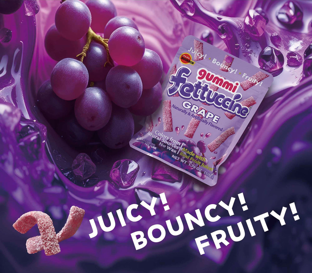 Bourbon Fettuccine Gummi Grape real fruit juice flavor detail on label.