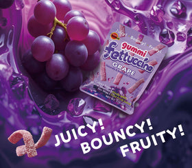 Bourbon Fettuccine Gummi Grape real fruit juice flavor detail on label.