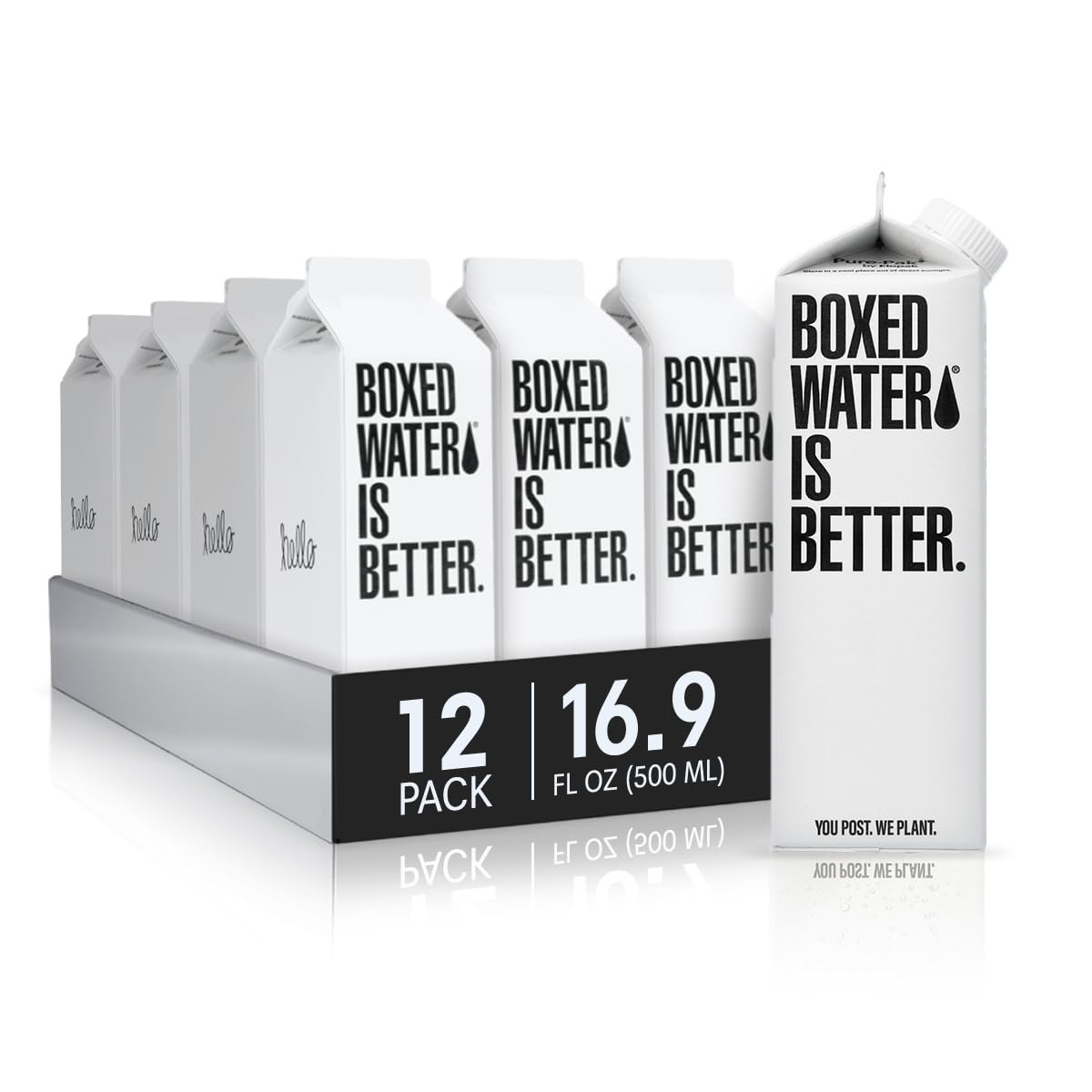 Boxed Water Is Better 12-pack carton image shows convenient, recyclable packaging for on-the-go hydration.