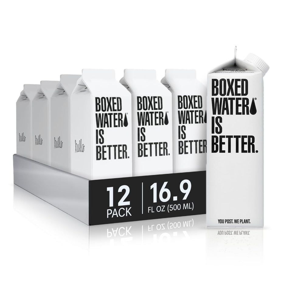 Boxed Water Is Better 12-pack carton image shows convenient, recyclable packaging for on-the-go hydration.