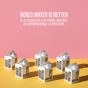 BOXED WATER IS BETTER plant-based carton design shown for eco-friendly hydration.