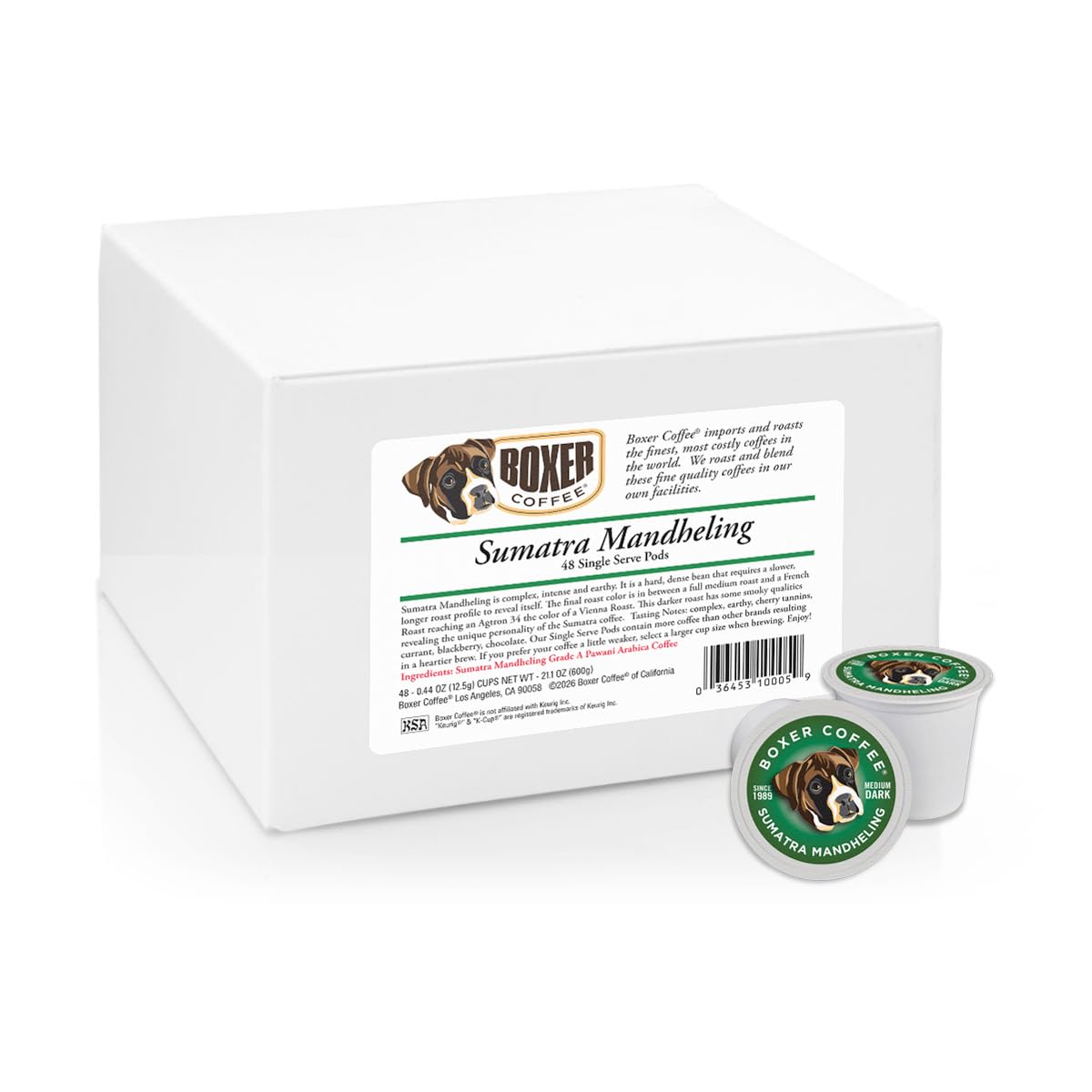 Boxer Coffee 48-count recyclable box promotes eco-friendly brewing and savings.