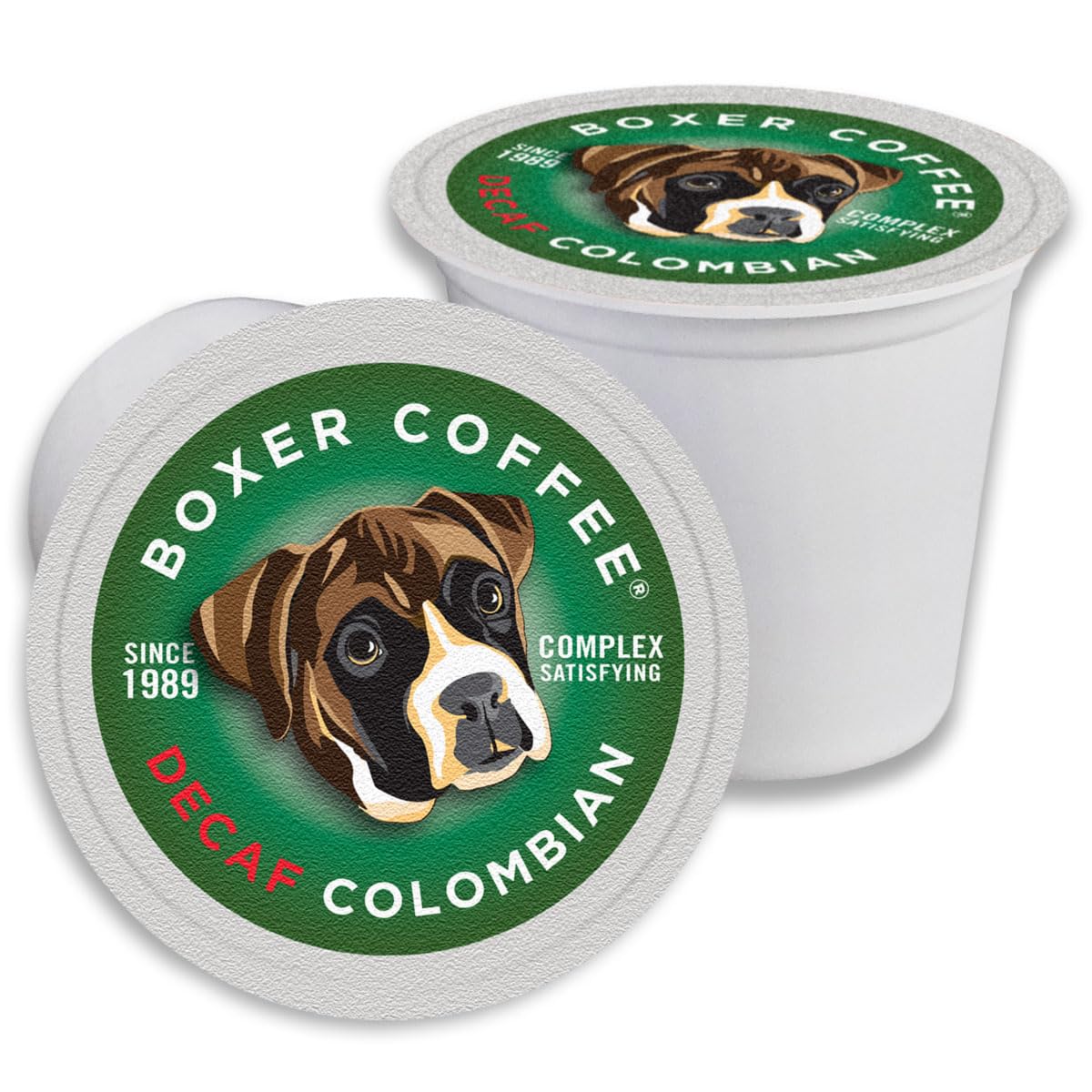 Boxer Coffee 48ct Decaf Colombian pack front view, rich flavor in a caffeine-free moment