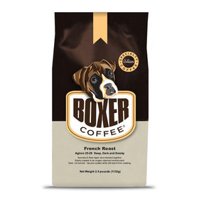 Boxer Coffee Dark Roast Whole Bean Bag ready for grinding and brewing.