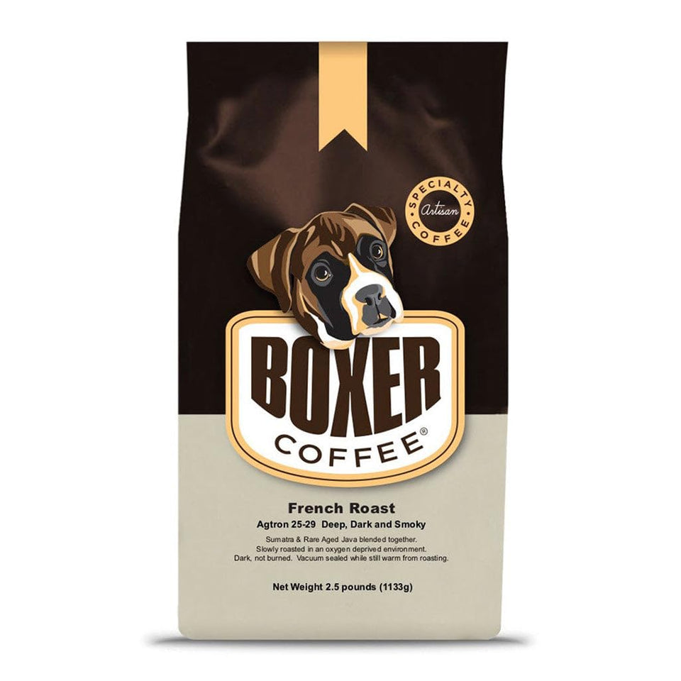 Boxer Coffee Dark Roast Whole Bean Bag ready for grinding and brewing.