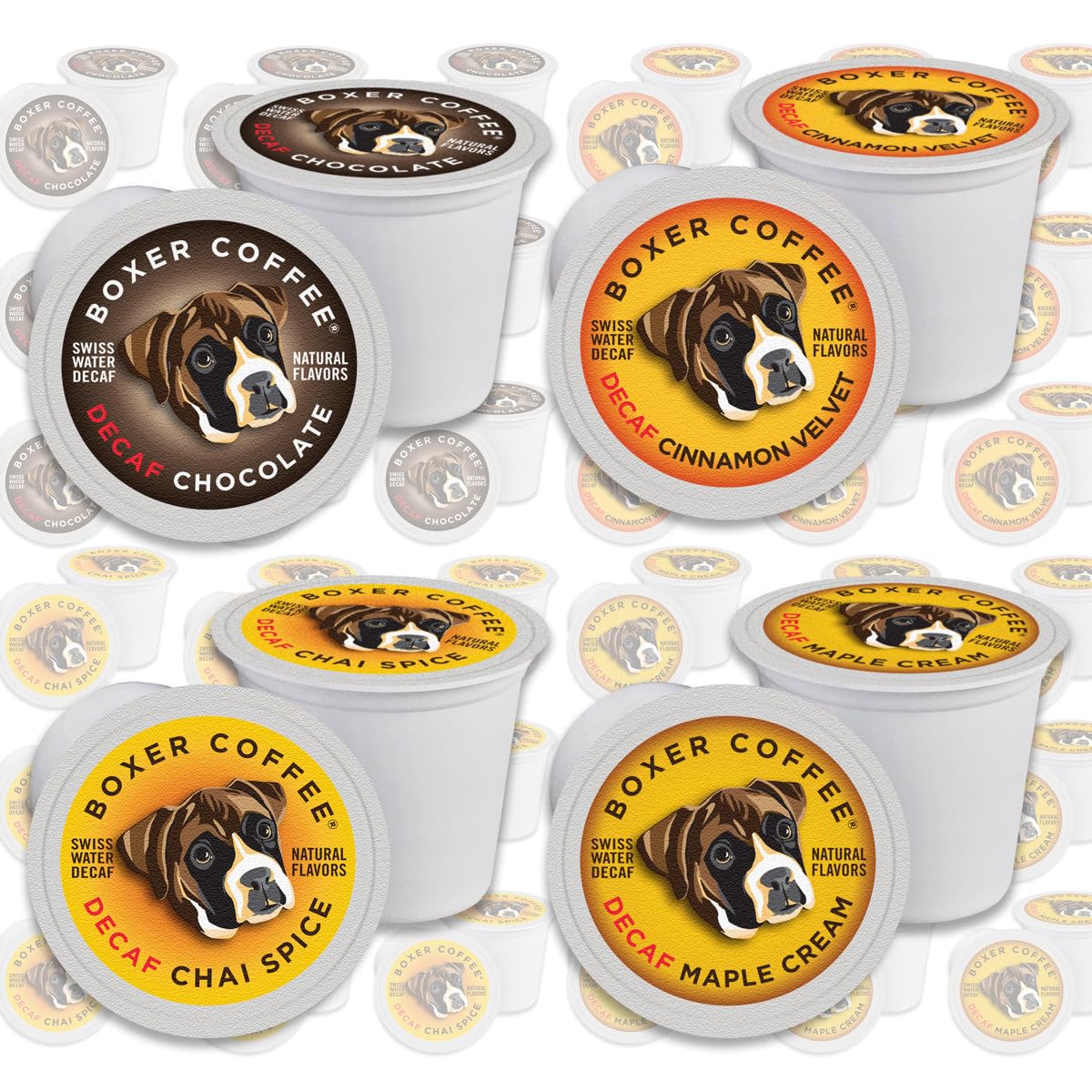 Boxer Coffee decaf chocolate flavor pods in a 48-count box for caffeine-free indulgence