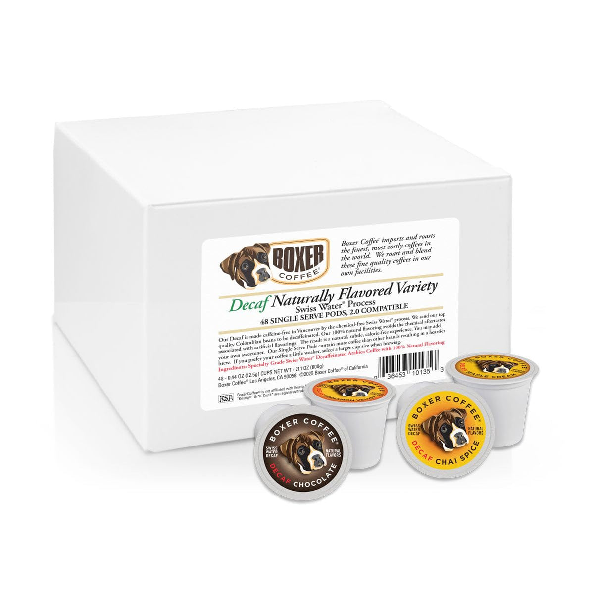 Boxer Coffee decaf cinnamon velvet pods delivering warm spice without caffeine