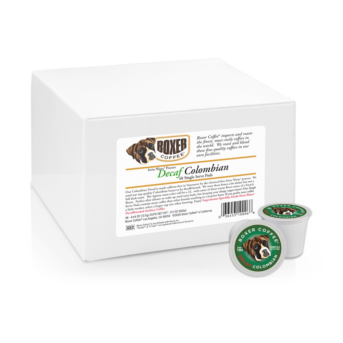 Boxer Coffee decaf Colombian pods brewing setup, showcasing compatibility with Keurig brewers