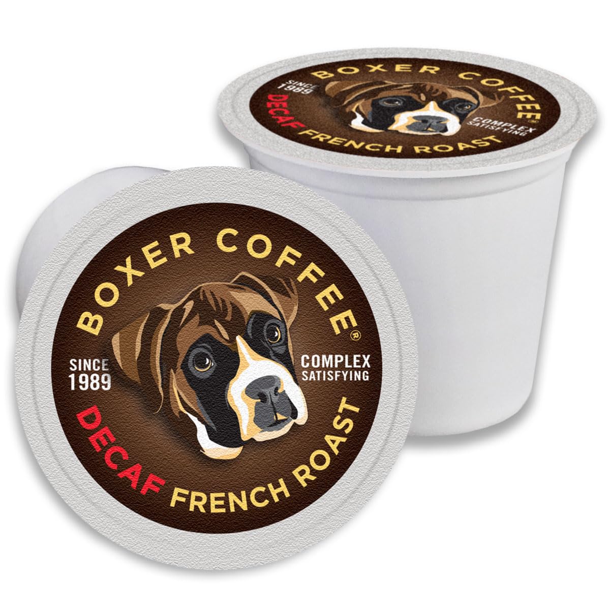 Boxer Coffee Decaf French Roast pod closeup highlights rich aroma and caffeine-free flavor for evening sipping.