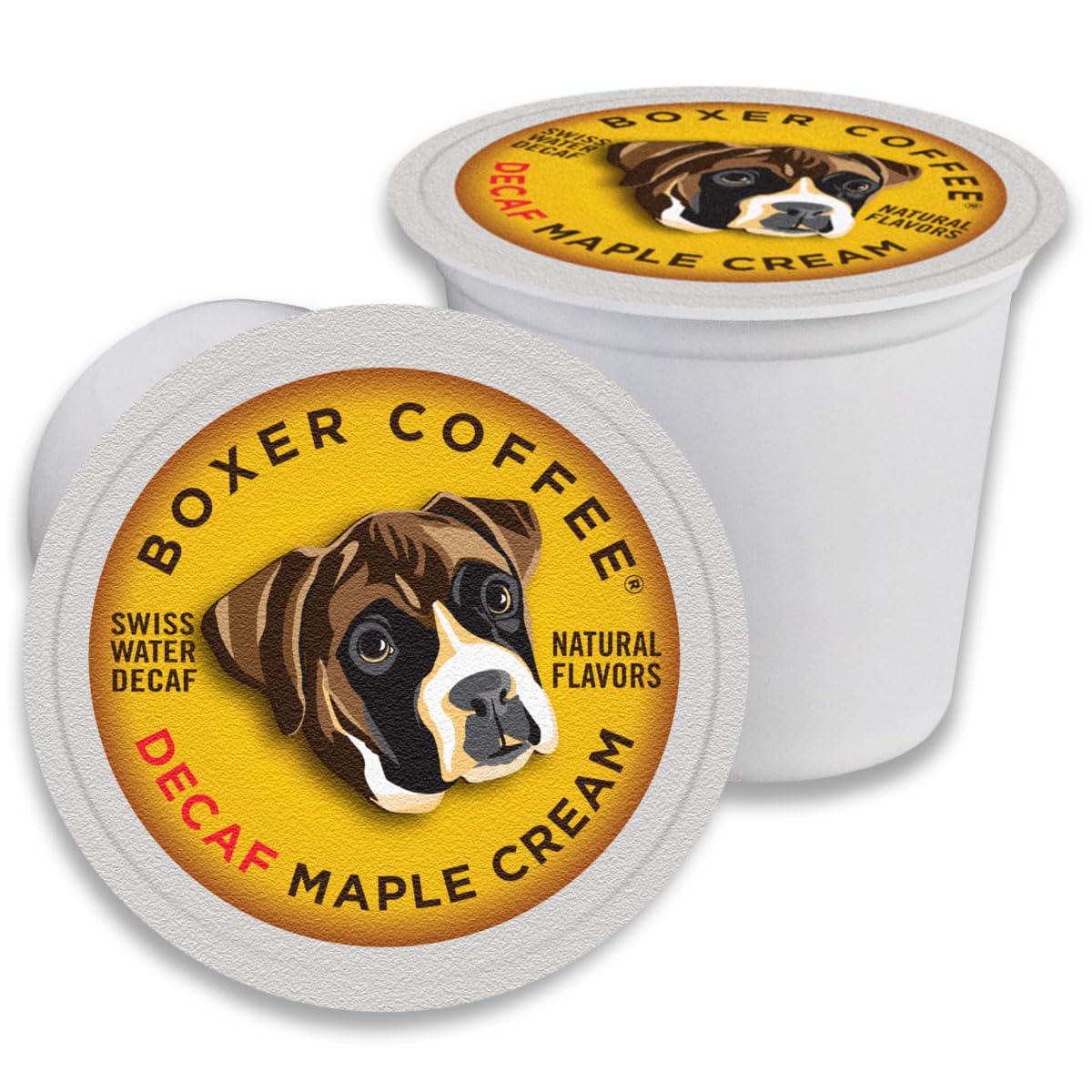 Boxer Coffee Maple Cream decaf pods in a bulk box for convenient daily brewing