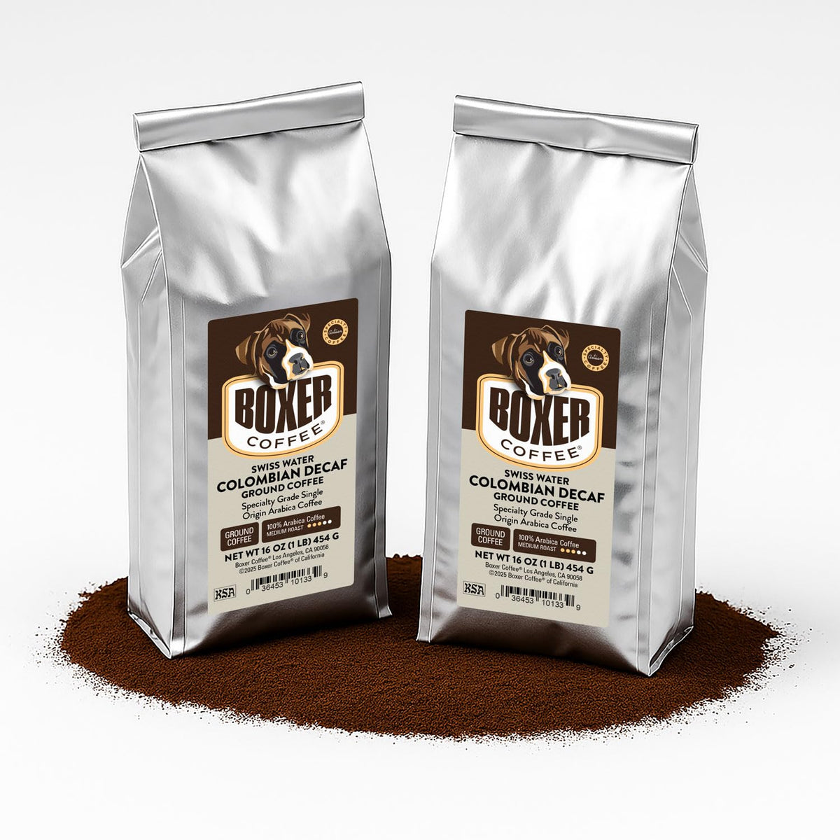 Boxer Coffee Swiss Water decaf Colombian ground, 1 lb bag for a smooth evening brew.
