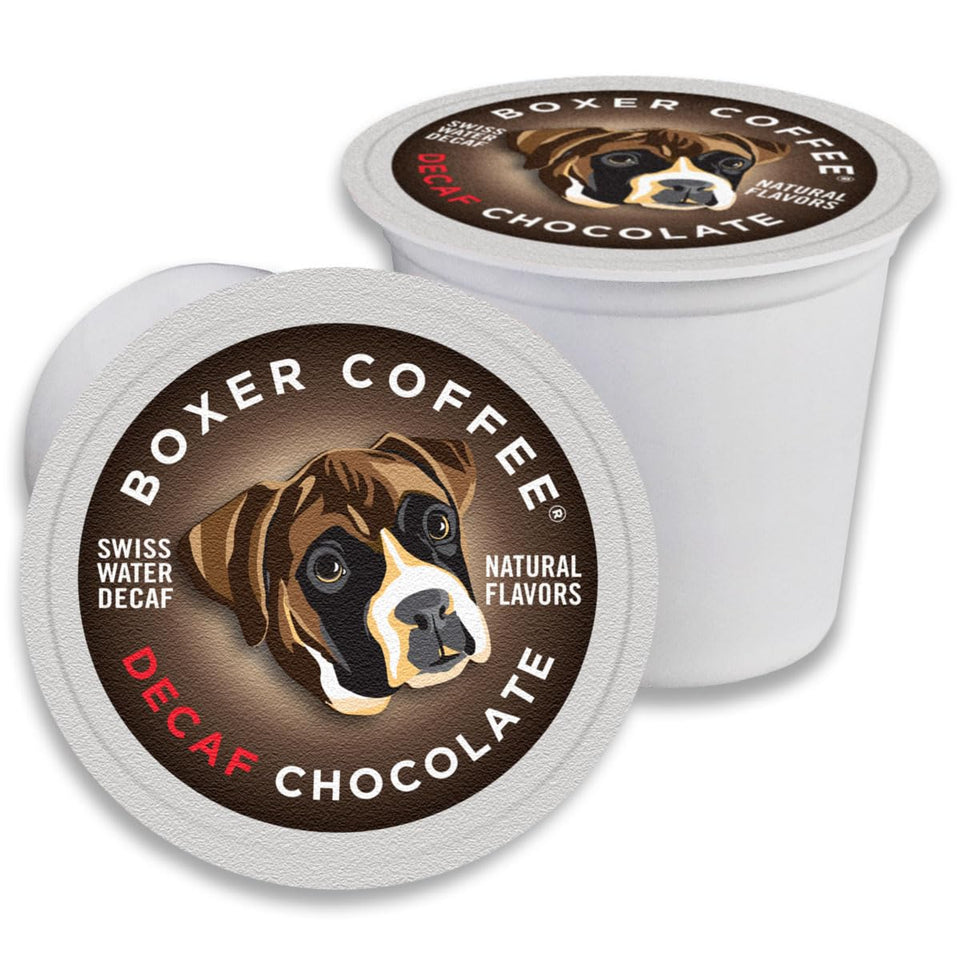 Boxer Coffee Swiss Water Decaf Chocolate Pods packshot showing a 48-count box for easy weekly brews