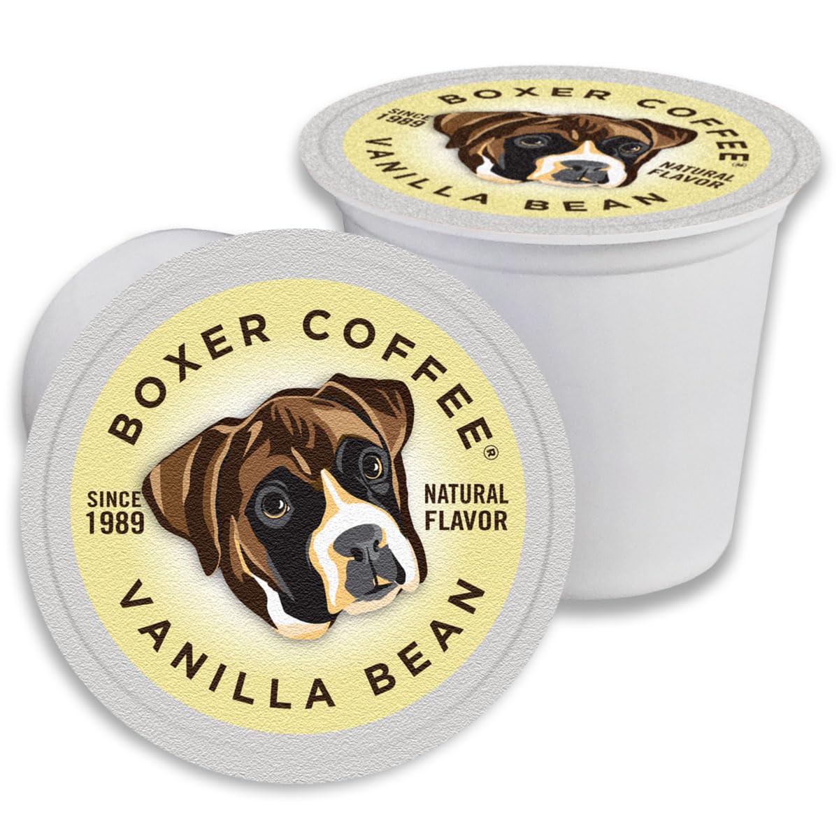 Boxer Coffee Vanilla pods in a Keurig-compatible K-Cup packet, ideal for quick mornings.