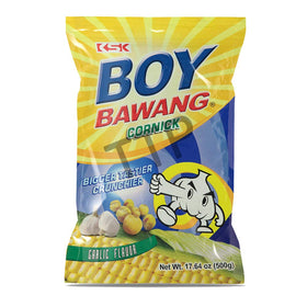 Boy Bawang Cornick Garlic gluten-free label stresses dietary-friendly snack.
