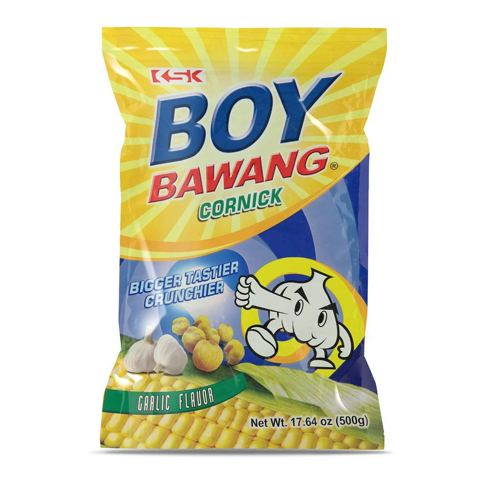 Boy Bawang Cornick Garlic packshot highlighting crispy gluten-free snack option.