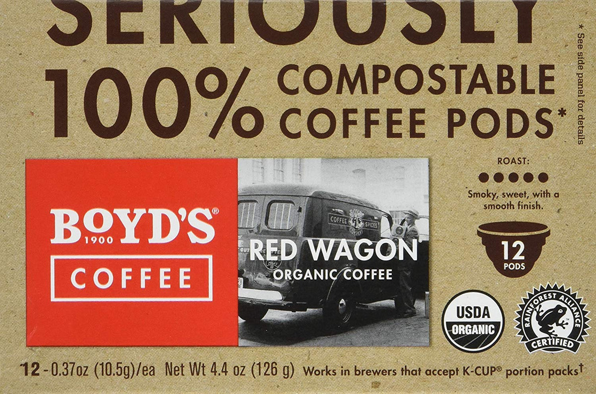 Boyd's Organic Red Wagon compostable pods highlight eco-friendly packaging