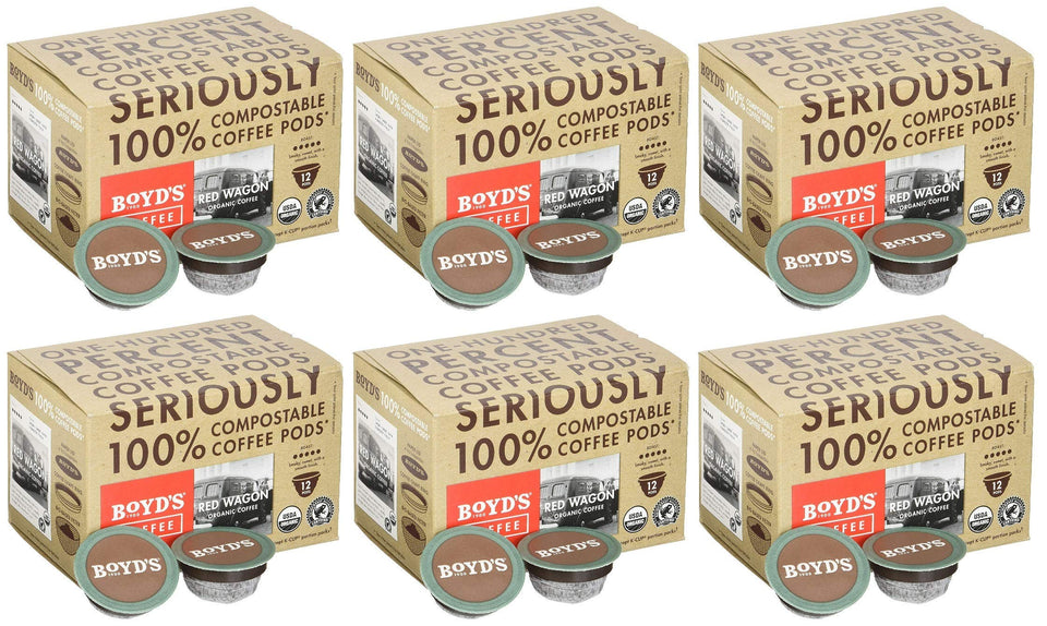 Boyd's Coffee Organic Red Wagon packaging displaying 72-pack of pods for easy single-serve brewing