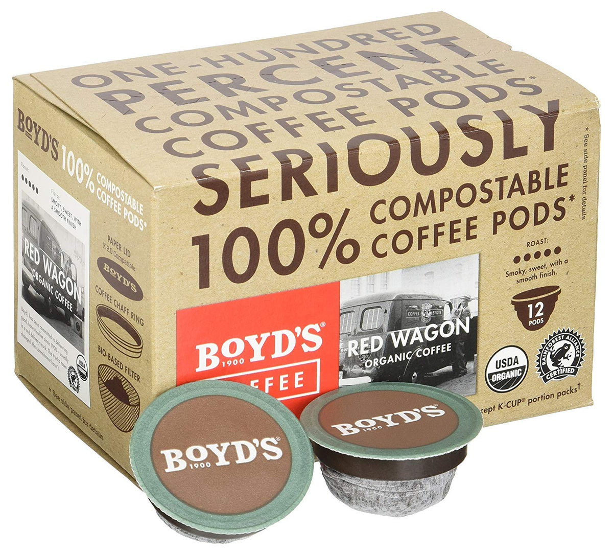 Boyd's Coffee Red Wagon packaging shows eco-friendly design and fresh aroma