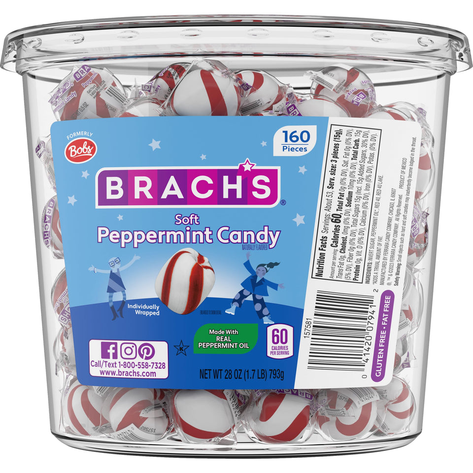Brach's Bob's Sweet Stripes jar front shows soft peppermint mints, perfect for seasonal gatherings.
