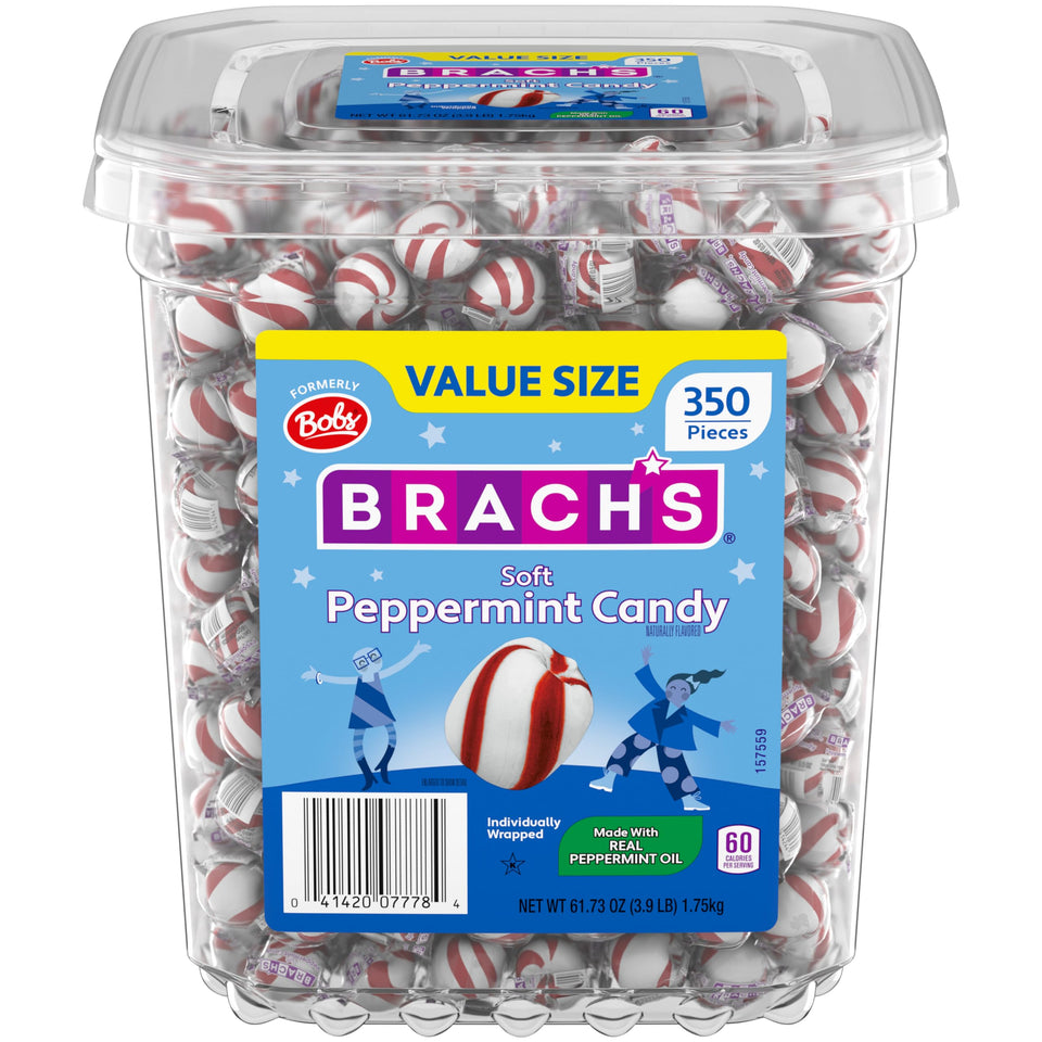 Brach's Bob's Sweet Stripes peppermint candy tub shows ready-to-share freshness.