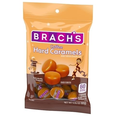 Brach's Coffee Hard Caramels close-up-texture highlights the crisp candy shell and smooth flavor.