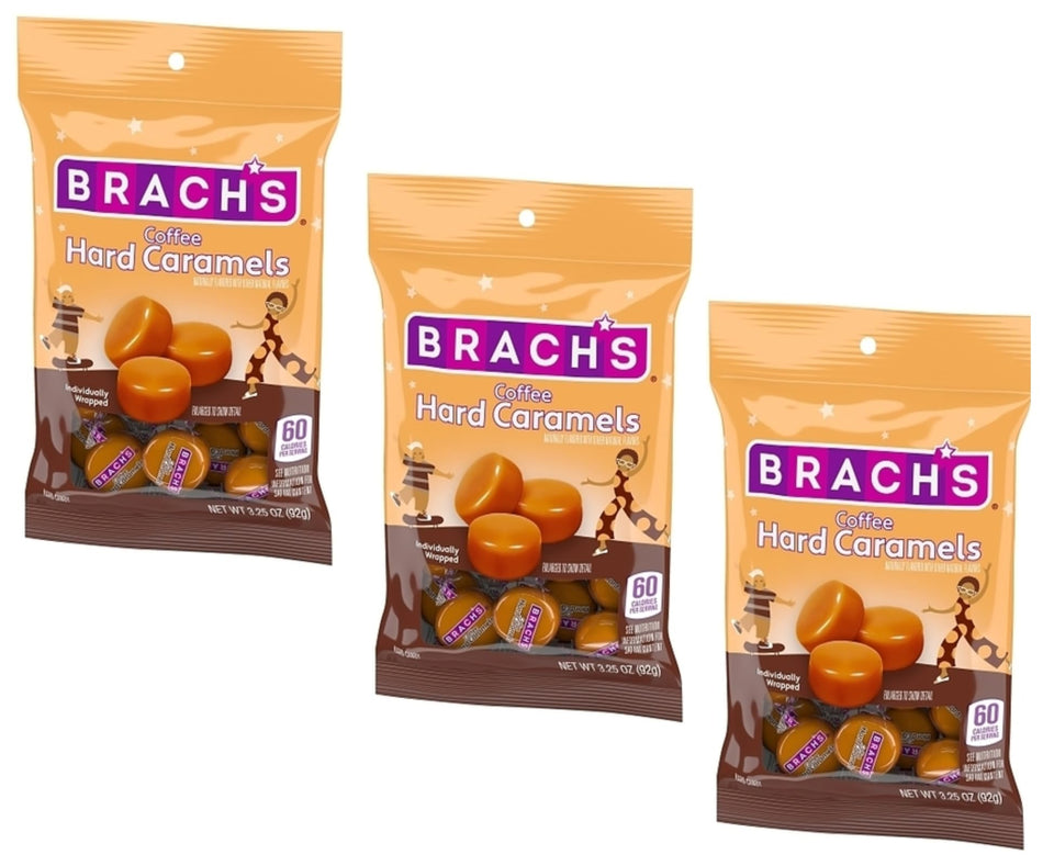 Brach's Coffee Hard Caramels front-pack showcases a glossy finish for on-the-go indulgence.