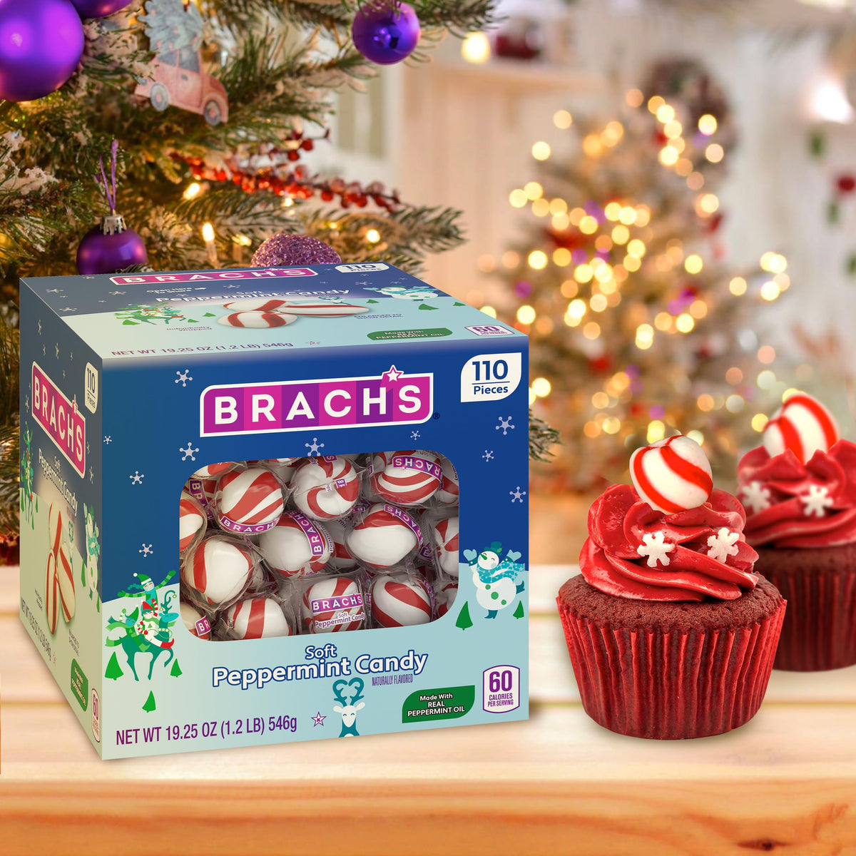 Brach's peppermint candy tub side view with individually wrapped mints for sharing.