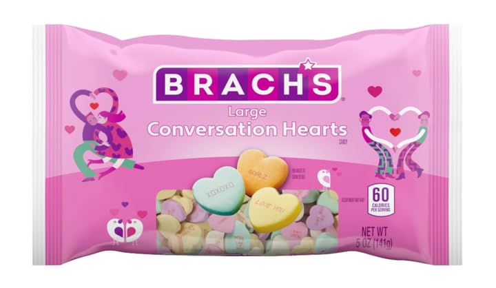 Close-up of colorful Brach's hearts with bright messages for gifting.