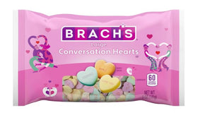 Close-up of colorful Brach's hearts with bright messages for gifting.