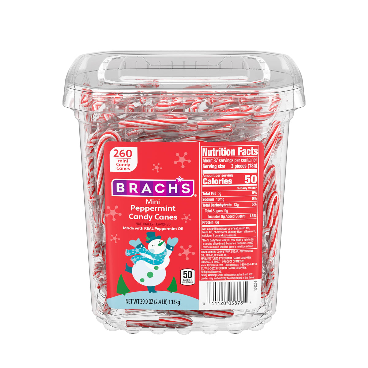 Brach's peppermint mini candy canes in a tub, ideal for stocking stuffers and sharing