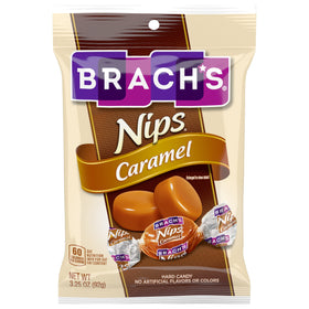 Brach's Nips caramel hard candy bag, individually wrapped for on-the-go enjoyment.