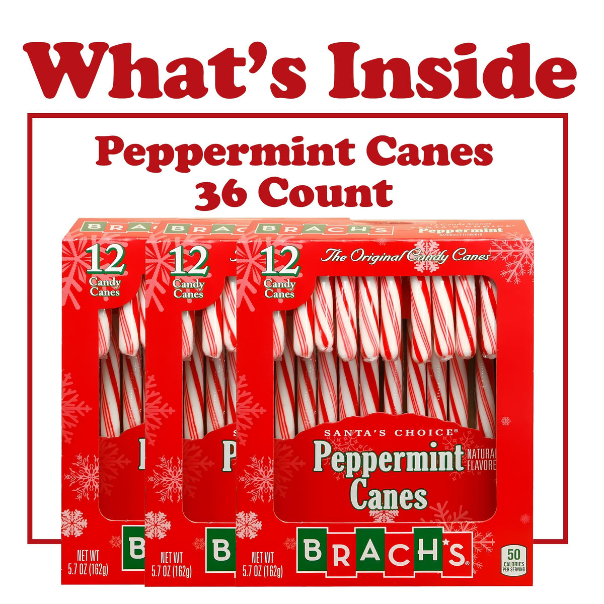 Three-box multi-pack layout of Brach's Peppermint Candy Canes for year-round sharing