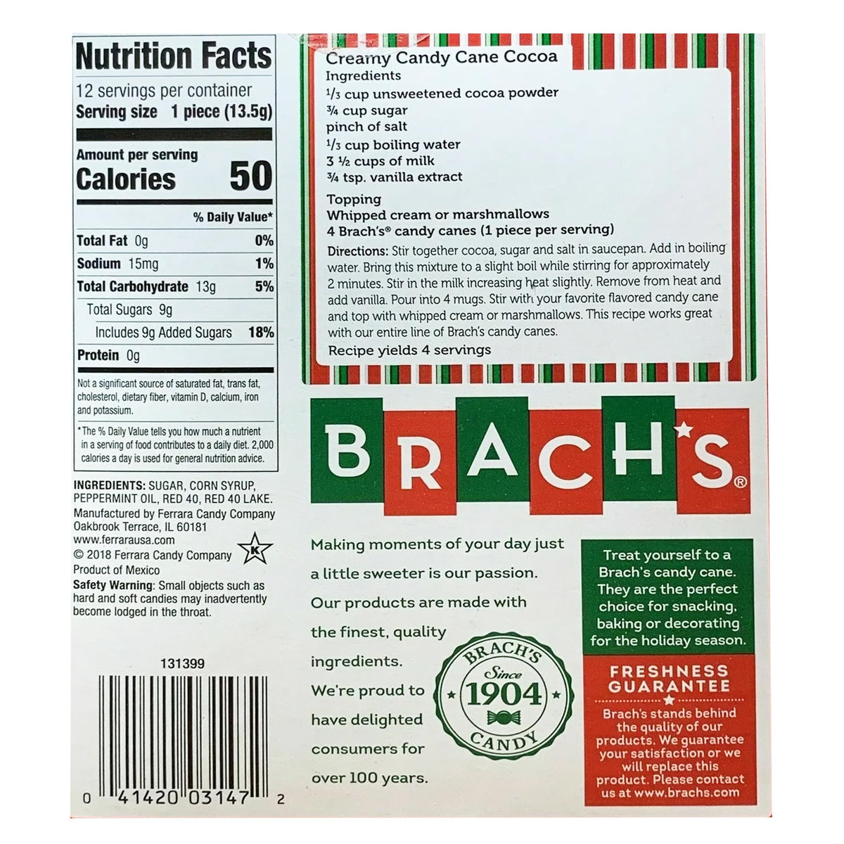 Unwrapped Brach's Peppermint Candy Cane showing crisp texture and refreshing aroma