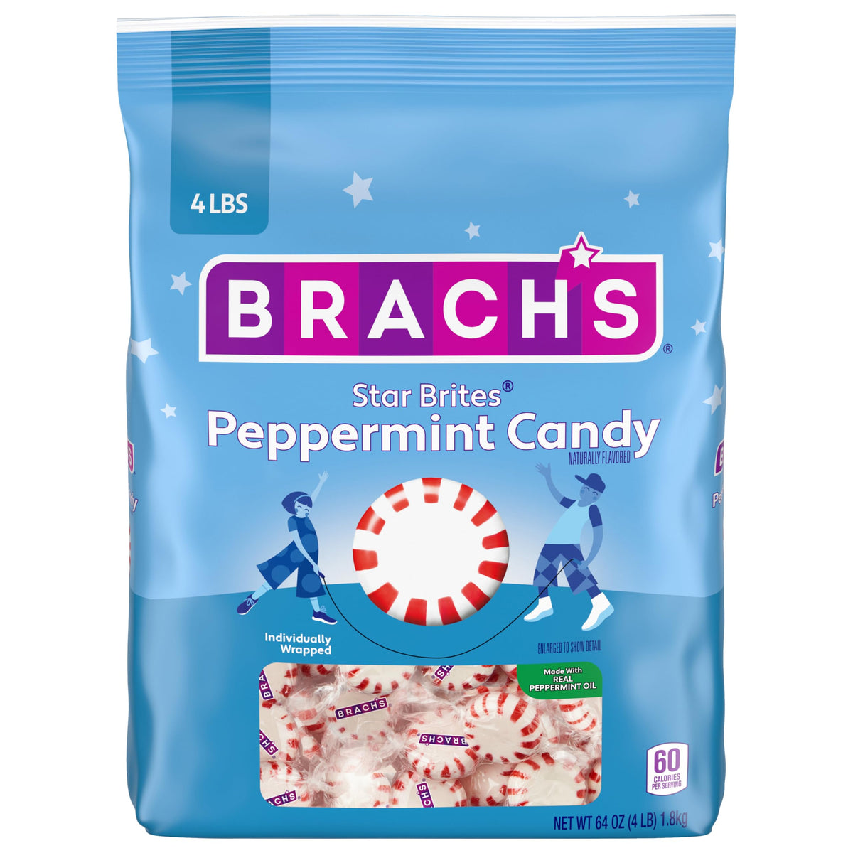 Brach's Star Brites Peppermint close-up texture, real peppermint oil flavor.