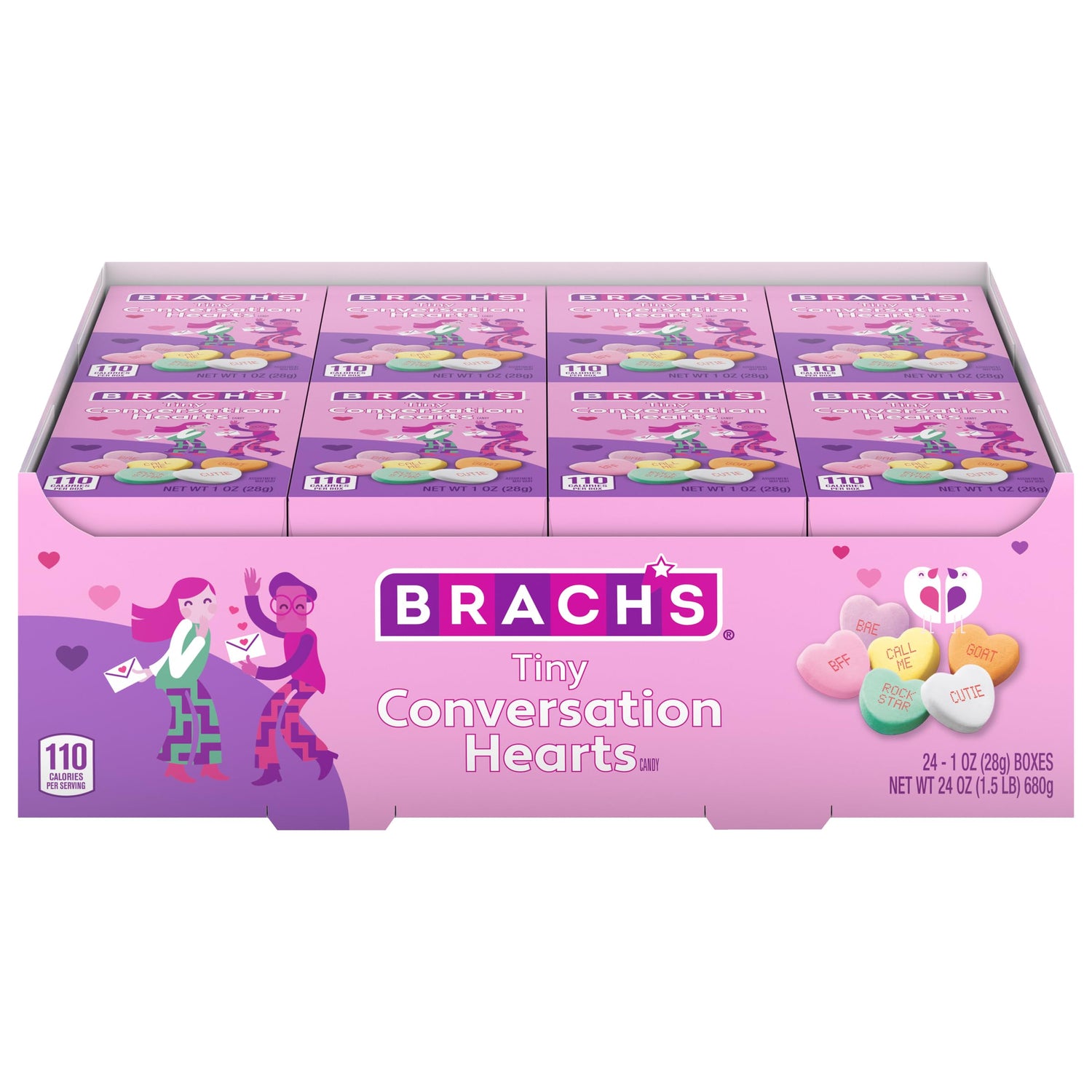Brach's Tiny Conversation Hearts box front shows colorful, shareable candy for Valentine gifts.