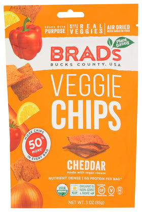 Brad's Raw cheddar chips 3oz packaging on shelf; vegan snack ready to grab.