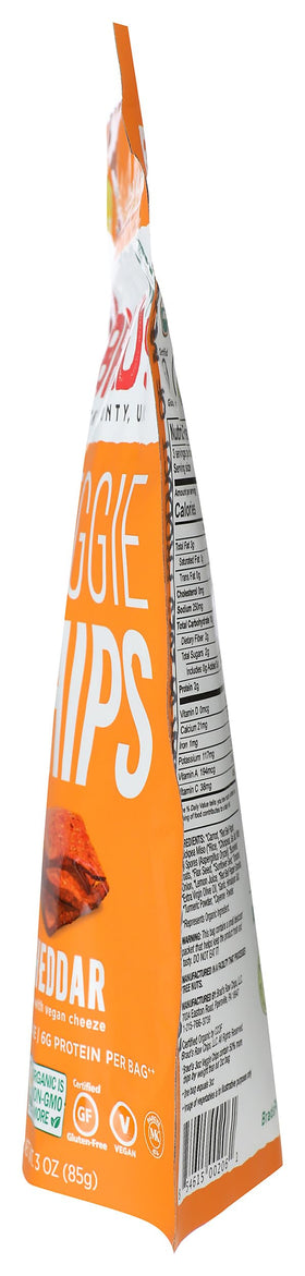 Brad's Raw cheddar chips nutrition label close-up, vegan and gluten-free.