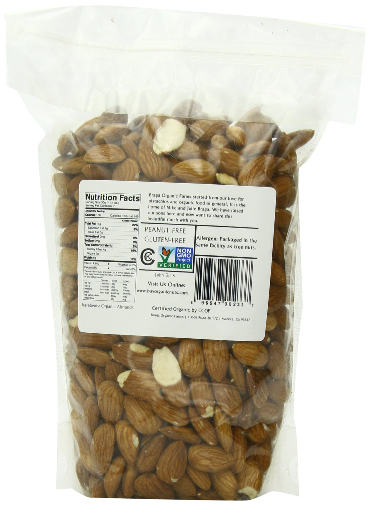 Braga Organic Farms almonds closeup, large kernels with rich aroma ideal for baking or toppings.