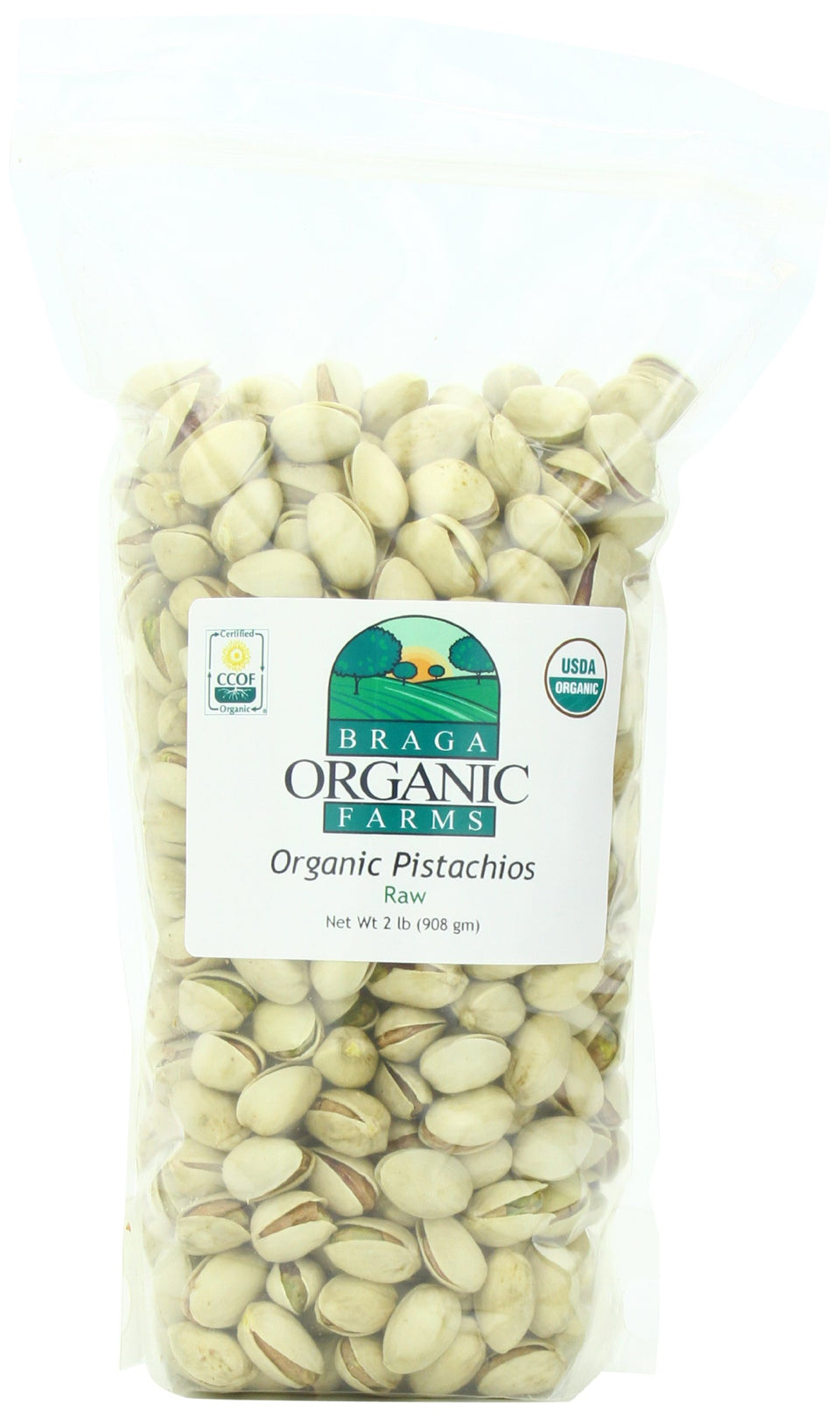 Braga Organic Farms inshell pistachios in a 2lb bag, ready for snacking and sharing.