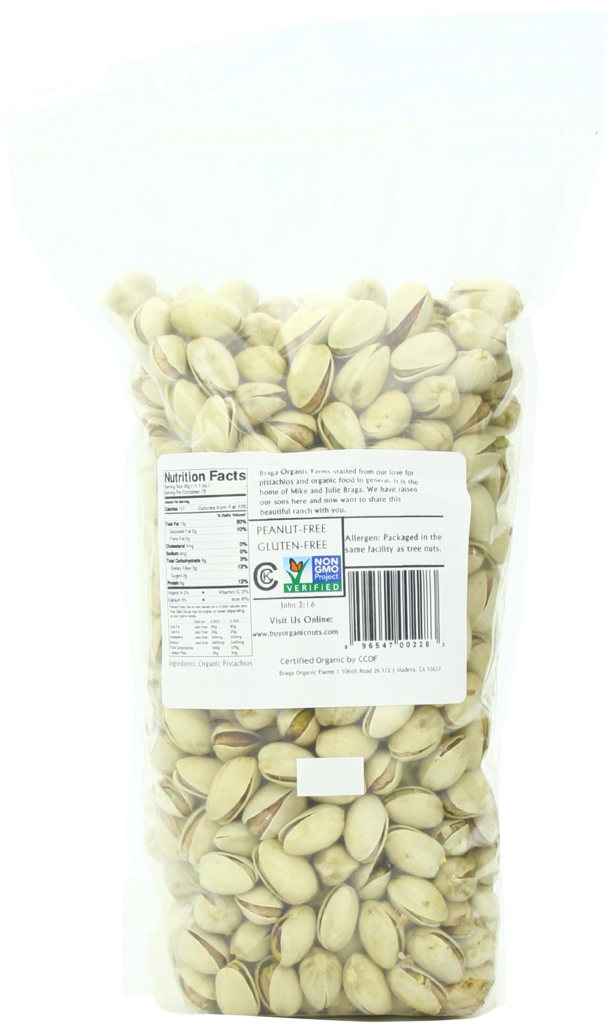 Braga Organic Farms inshell pistachios closeup, ideal for snacking, roasting, or topping salads.