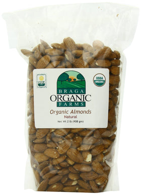 Braga Organic Farms organic natural almonds 2-lb bag, premium California-grown nuts for snacking.