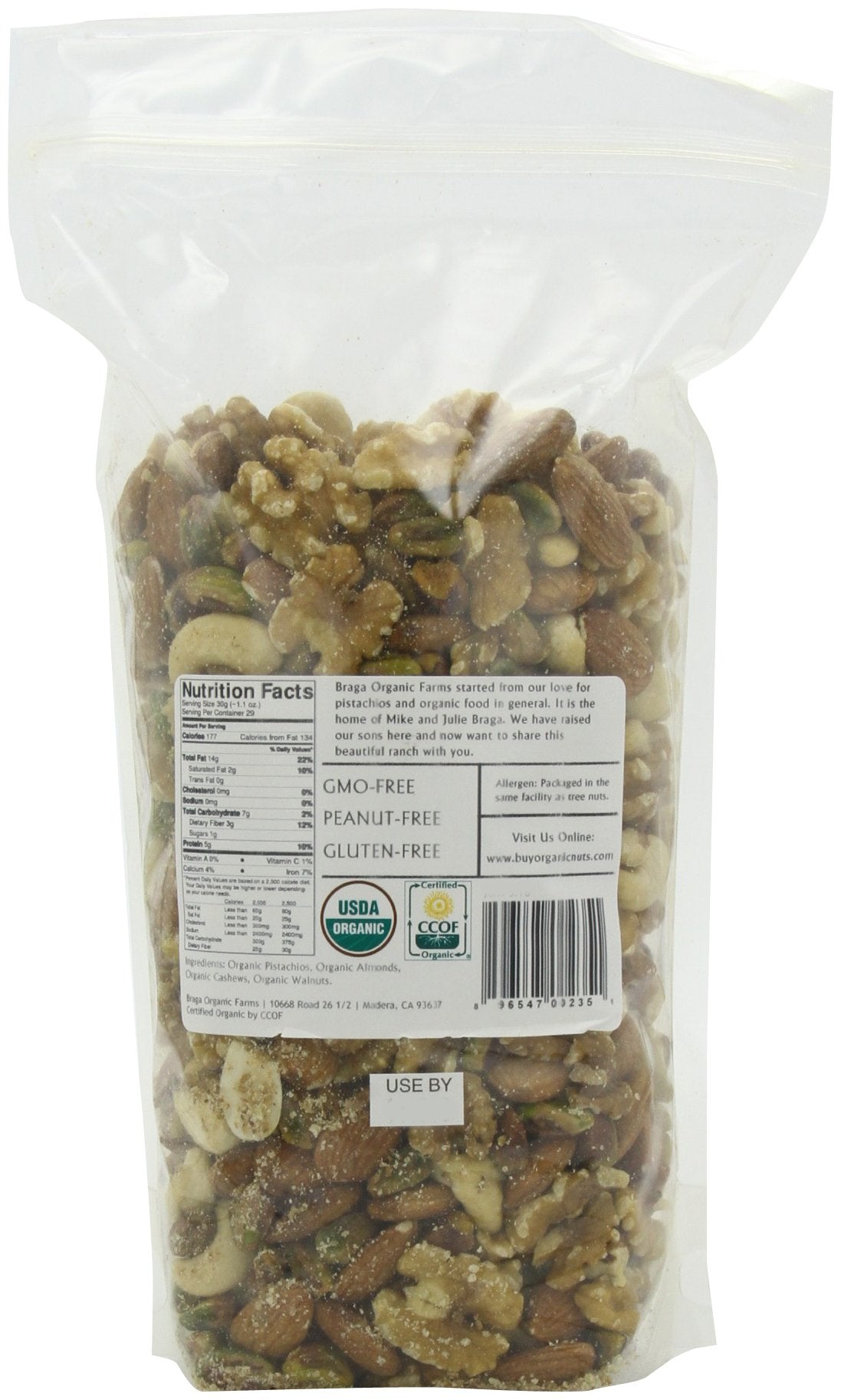 Braga Organic Farms nut mix close up showing pistachios almonds walnuts and cashews