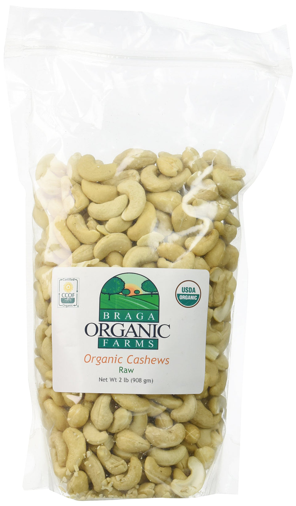 Braga Organic Farms organic raw cashews 2lb bag; creamy, versatile snack and cooking nut.