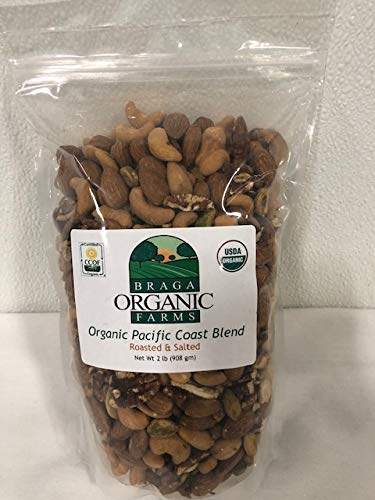 Braga Organic Farms Pacific Coast Blend pistachios, crunchy protein-rich snack.