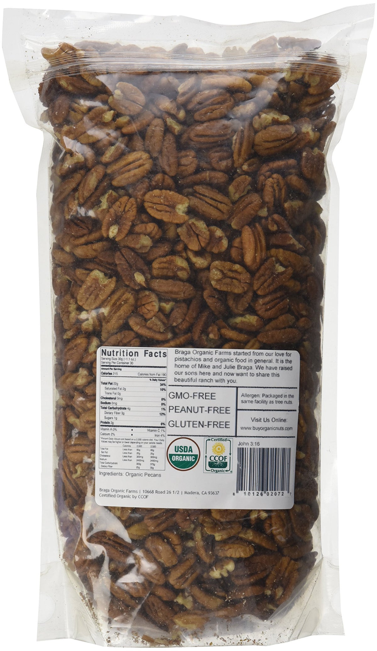 Braga Organic Farms pecans bag front close-up, highlighting fresh harvest and great tasting baking ingredient.