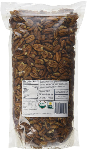 Braga Organic Farms pecans bag front close-up, highlighting fresh harvest and great tasting baking ingredient.