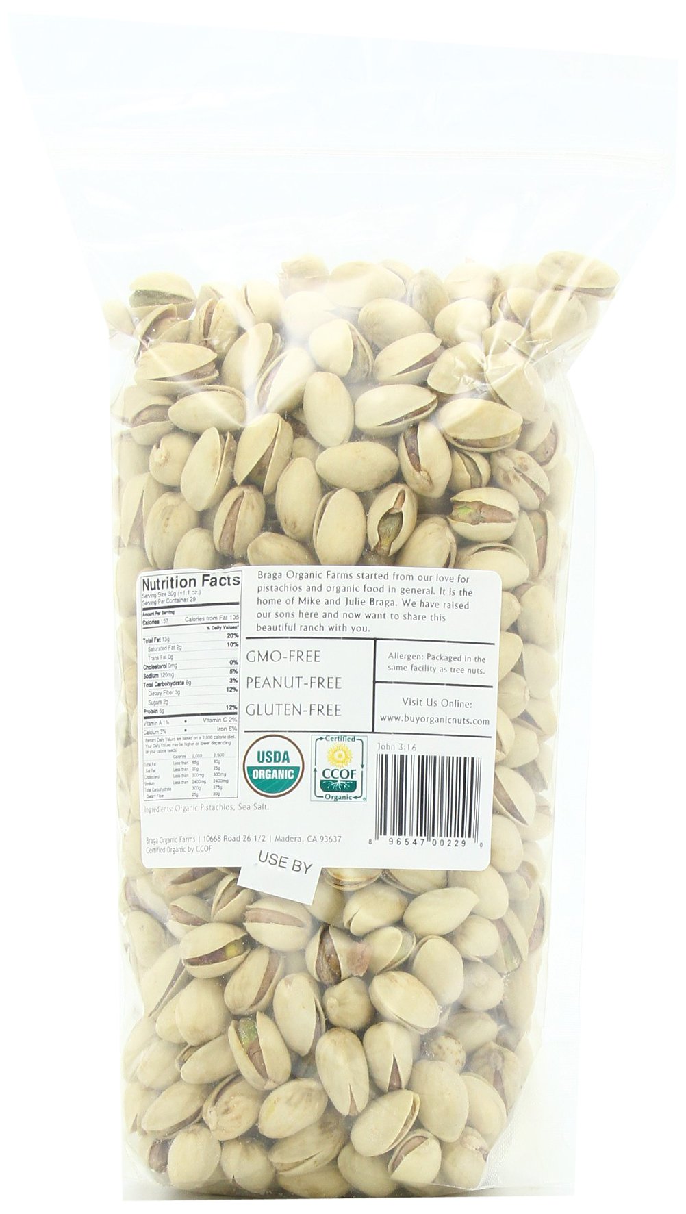 Close-up of Braga Organic Farms inshell pistachios showing vibrant kernels, great for entertaining.