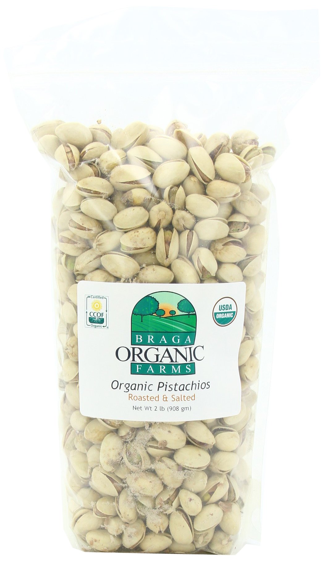 Braga Organic Farms pistachios inshell, dry roasted with sea salt, ideal for on-the-go snacking.