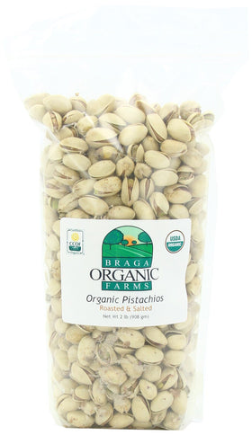 Braga Organic Farms pistachios inshell, dry roasted with sea salt, ideal for on-the-go snacking.