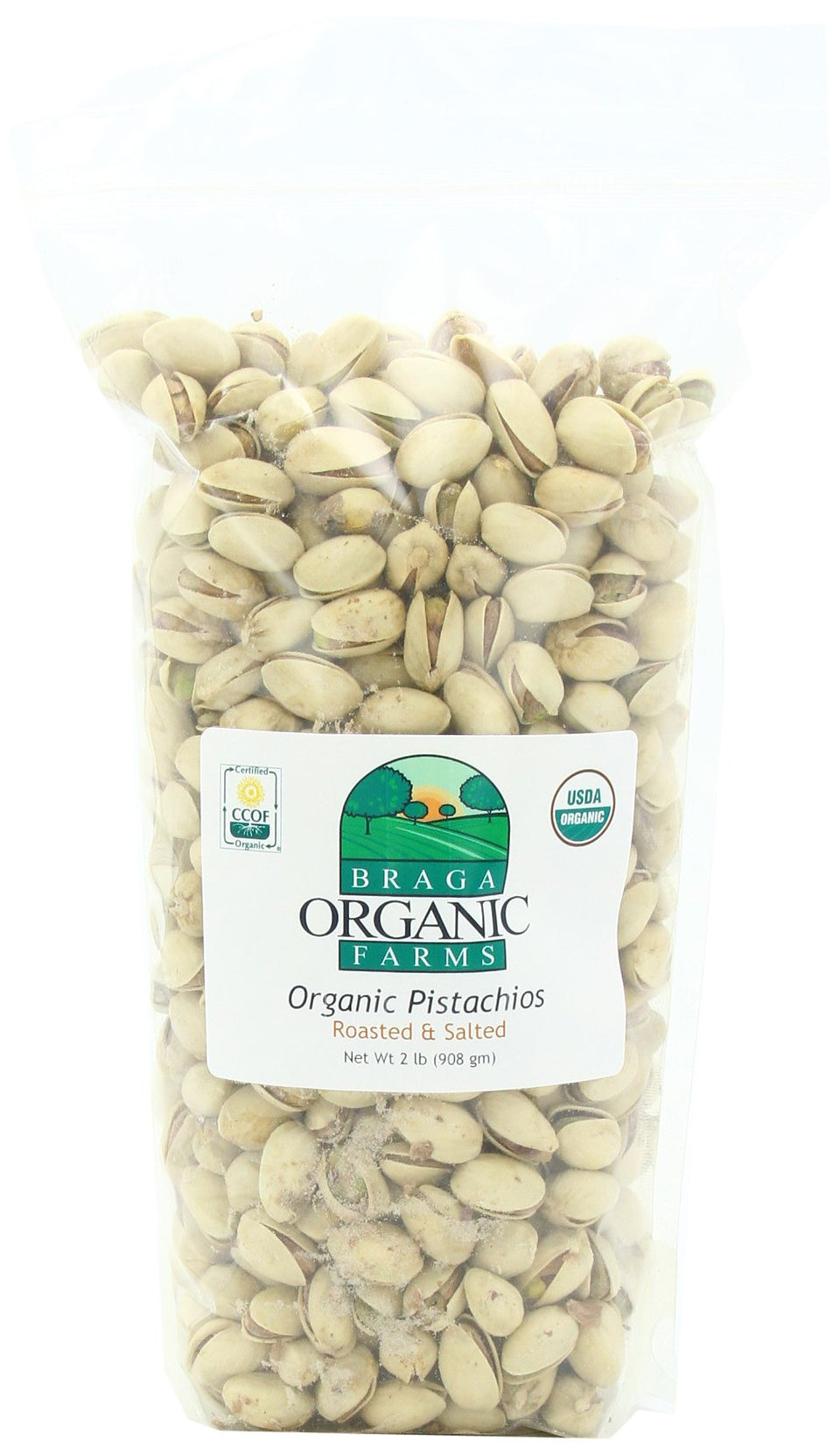 Braga Organic Farms pistachios inshell, dry roasted with sea salt, ideal for on-the-go snacking.
